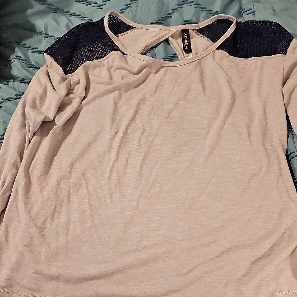 Adore Me Light Pink Long-Sleeve Top with Navy Mesh Shoulders